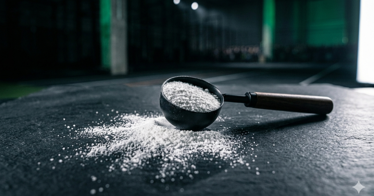 Creatine for HYROX: Dosing, Benefits and What to Buy Creatine monohydrate for HYROX — white creatine powder with measuring scoop on dark surface